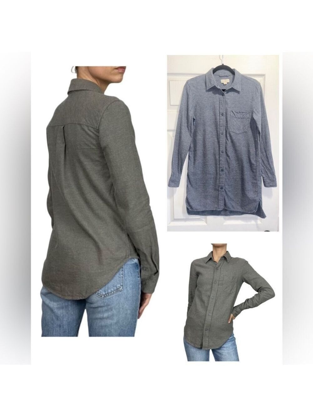 Aritzia Golden by Tna Cotton Button-Up Shirt Long Sleeve Top Blue Grey Size XS
